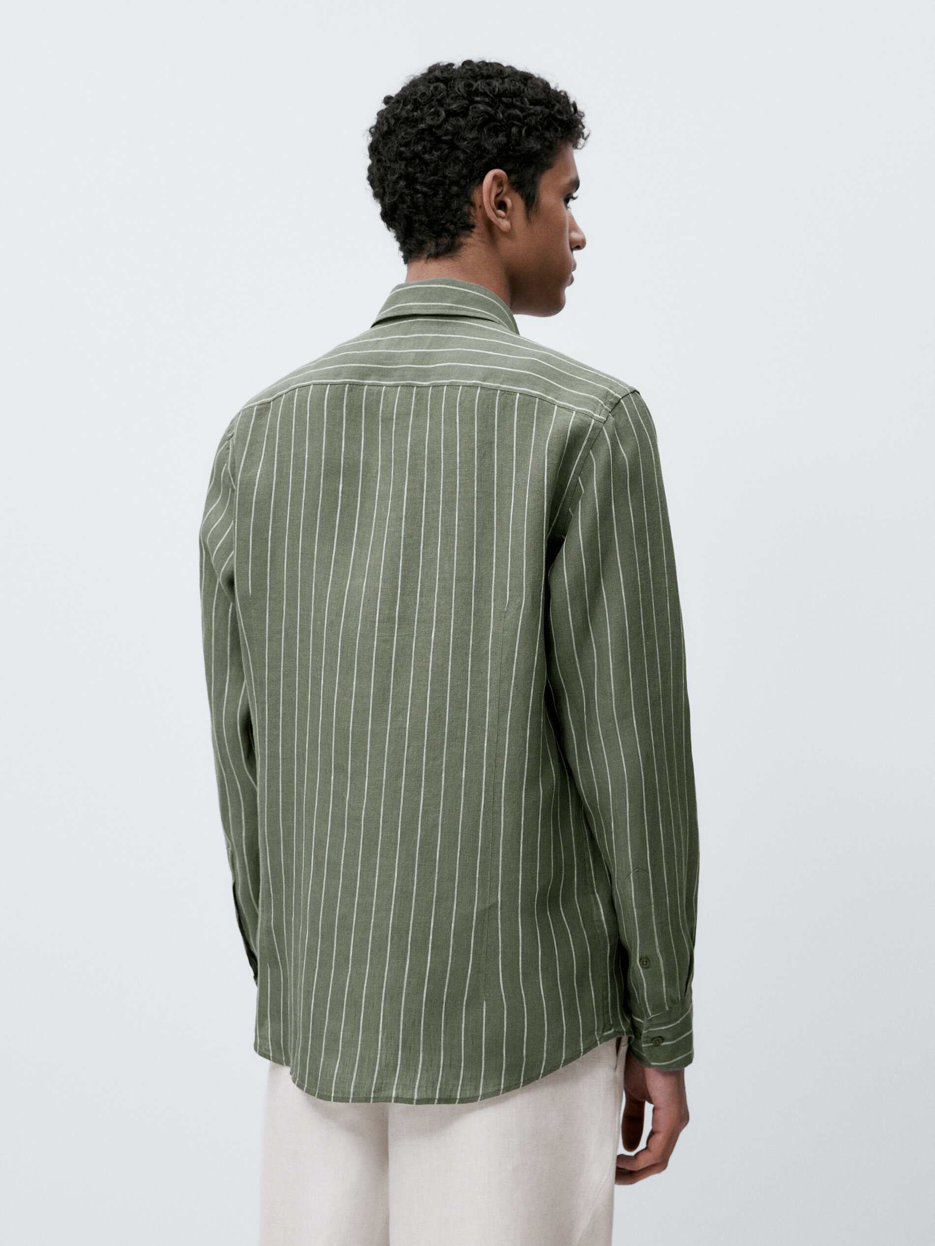 Camisa raias 100% lino slim fit - VERDE