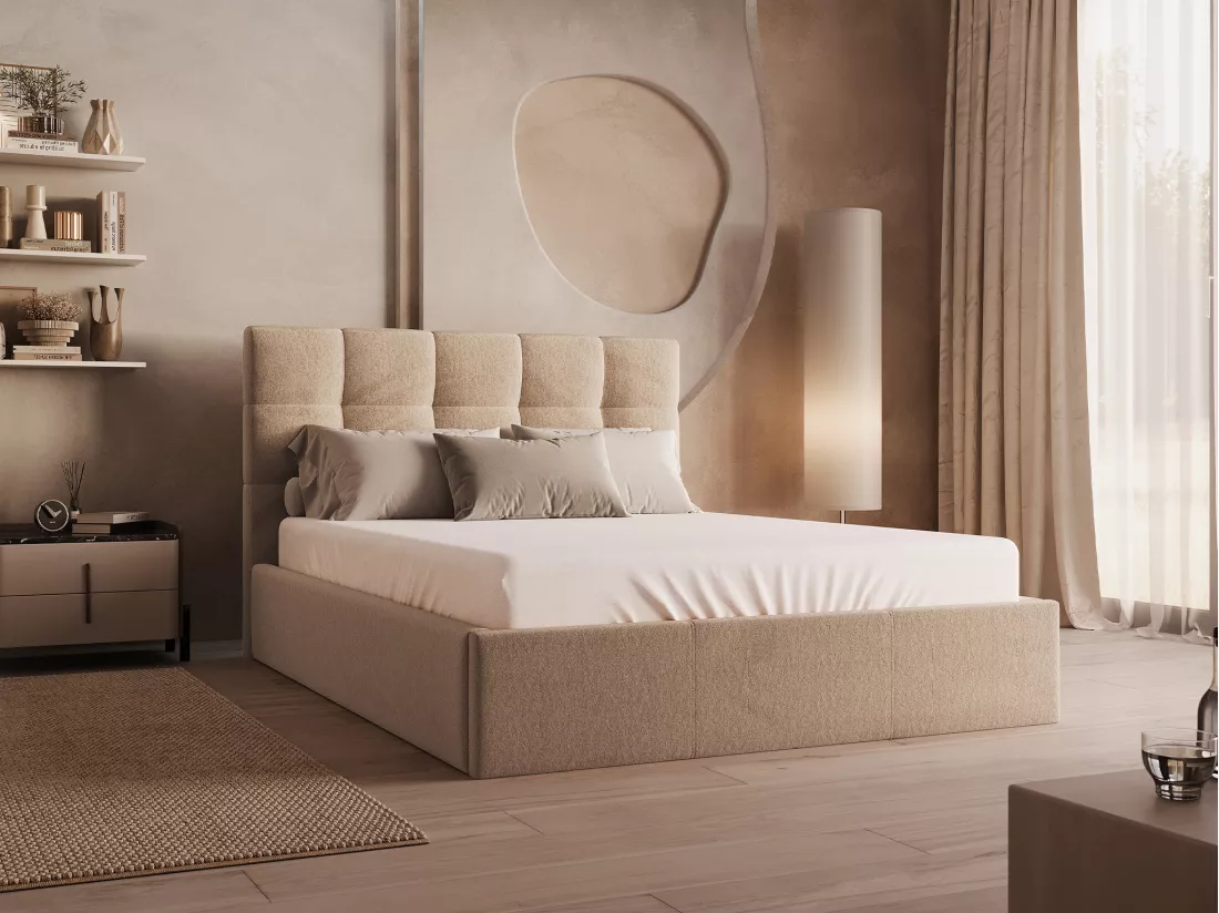 Lit coffre 140 x 190 cm - Velours - Beige - MIRDAL de Pascal Morabito