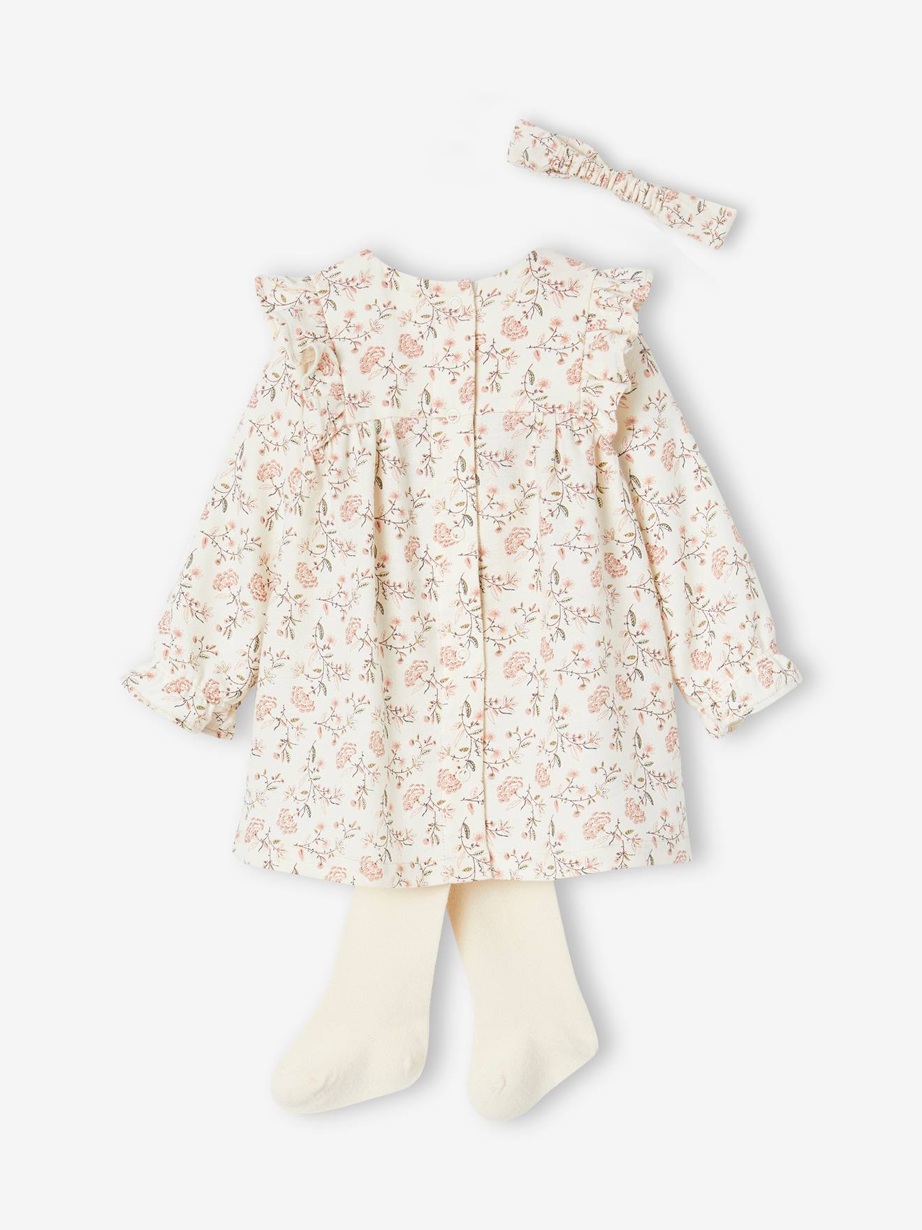 Conjunto de roupa de bebê de 3 peças: vestido, meia-calça e faixa de cabelo bege combinando