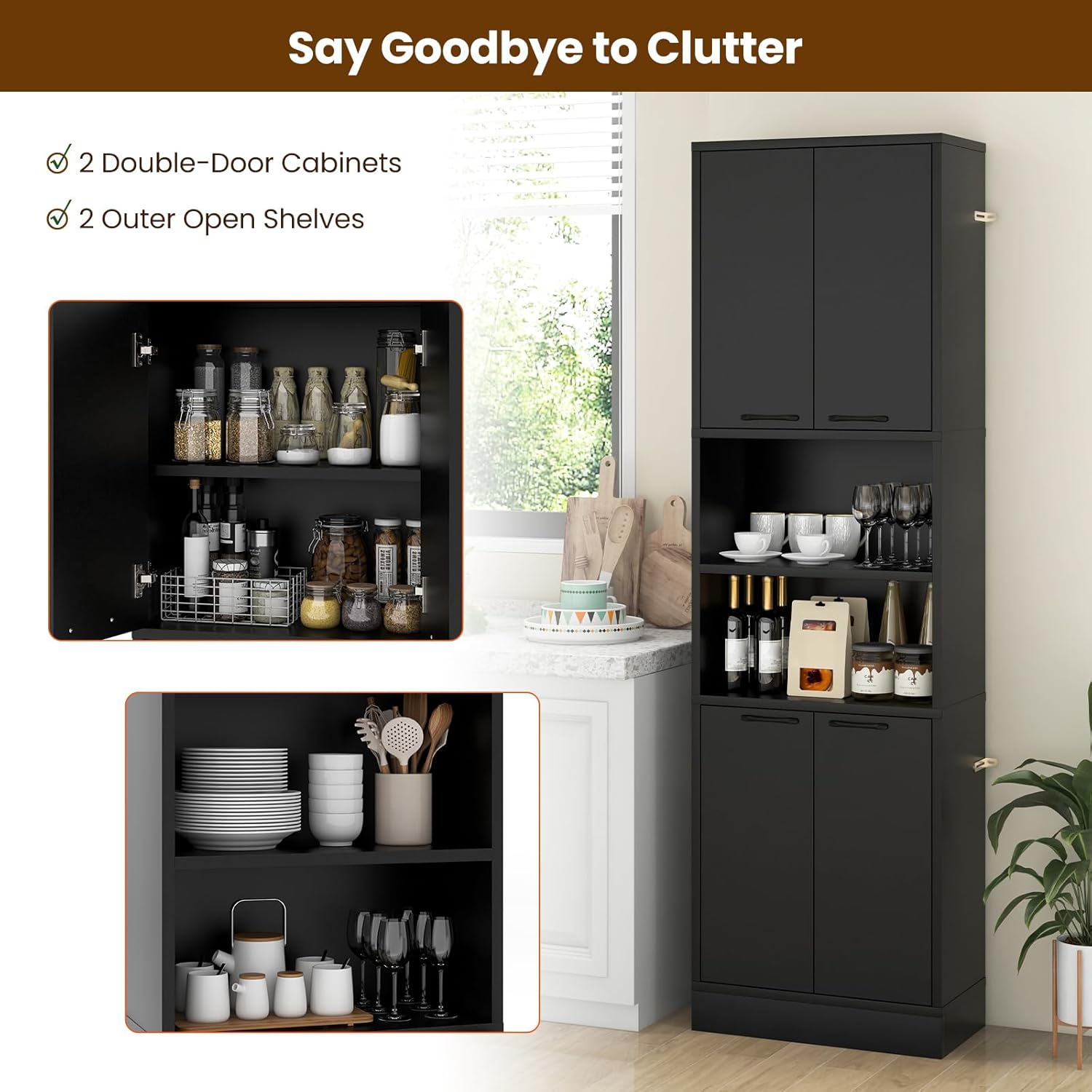 KOMFOTTEU Hochschrank Aufbewahrungsschrank 190 cm, Mehrzweckschrank Küchenschrank mit 4 Türen & halboffenem Regal, Badezimmerschrank Bücherschrank 56 x 30 x 190 cm (Schwarz)