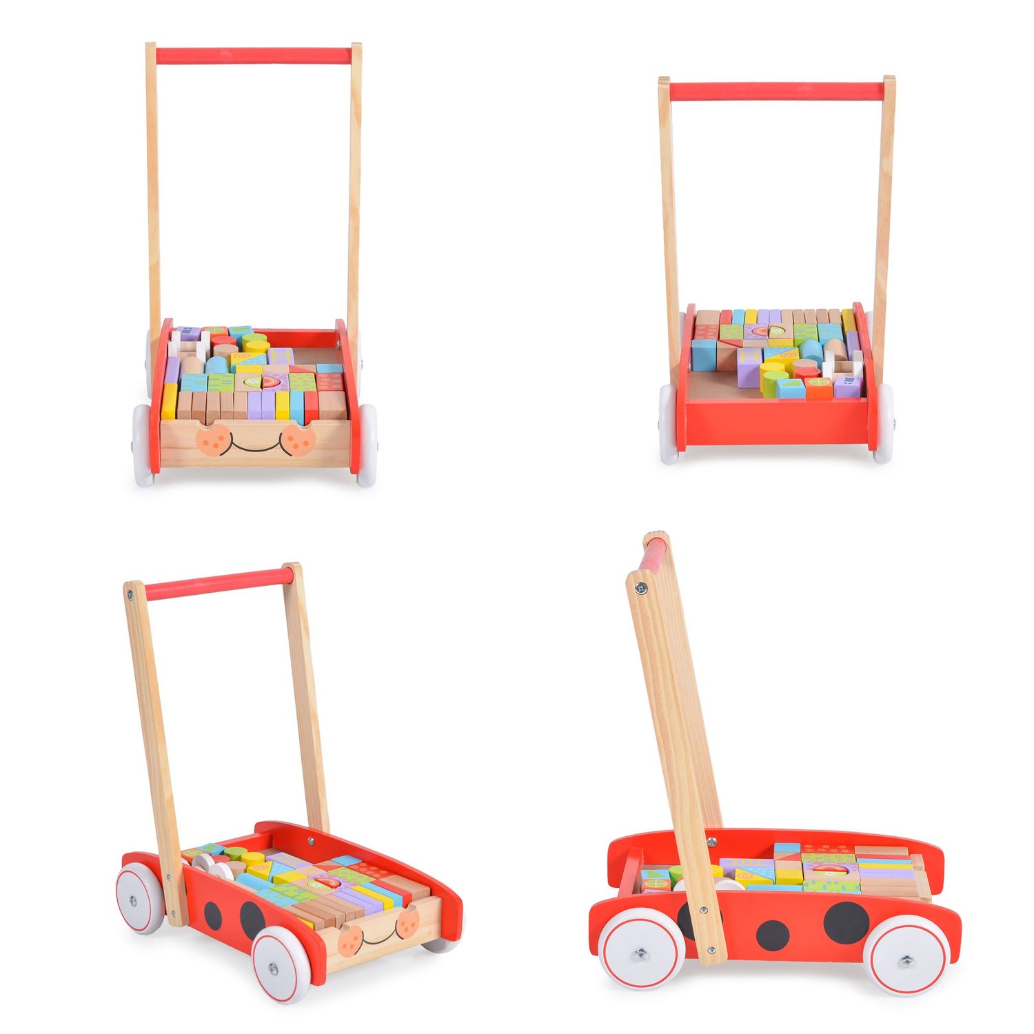 Moni Lauflernwagen Marienkäfer 2112, 40 bunte Holzbauklötze, Laufhilfe aus Holz rot