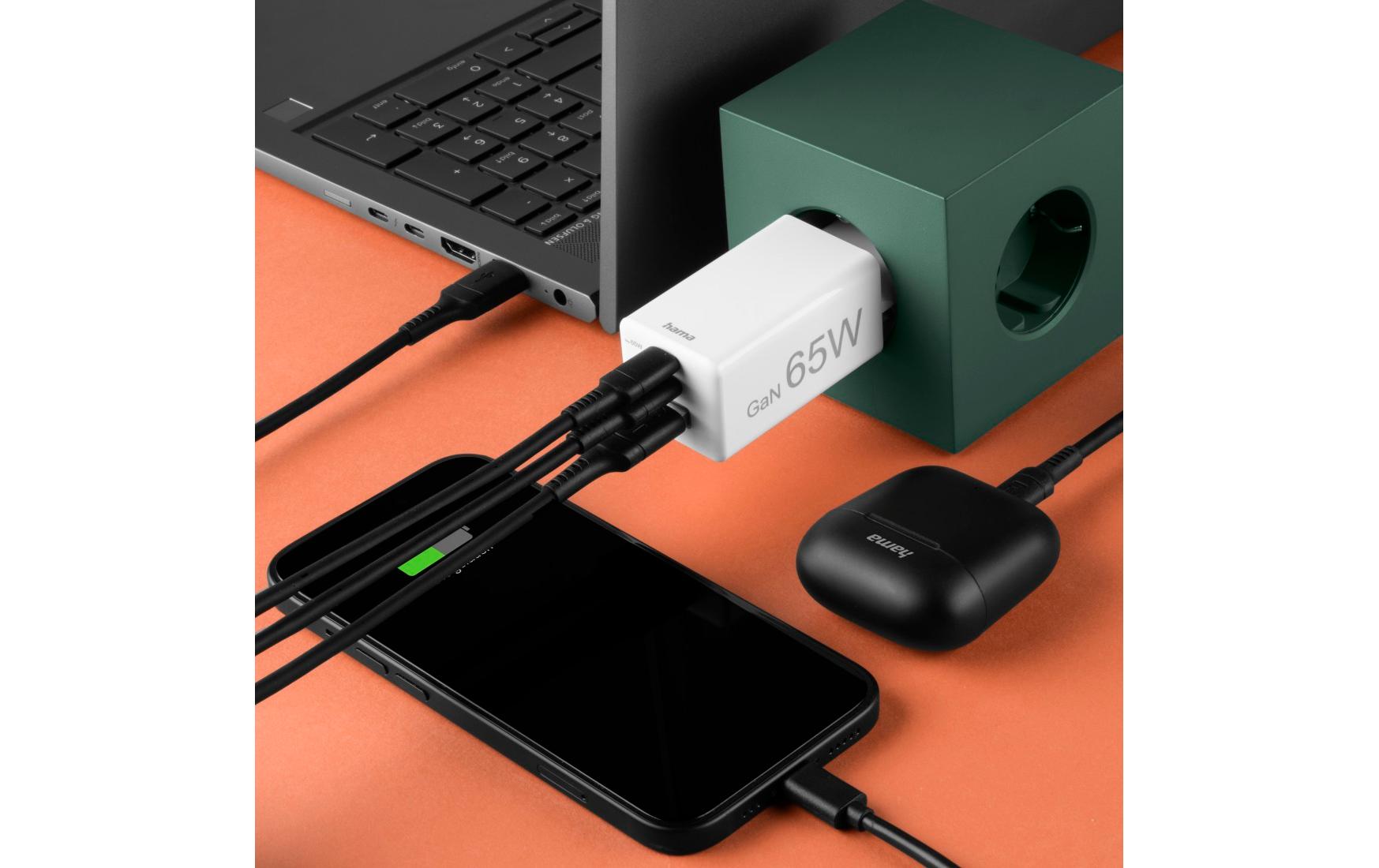 USB-Wandladegerät Gan charger 2x USB-A USB-C 65 W WeissSchnellladegerät mit 1x USB-C und 2x USB-A