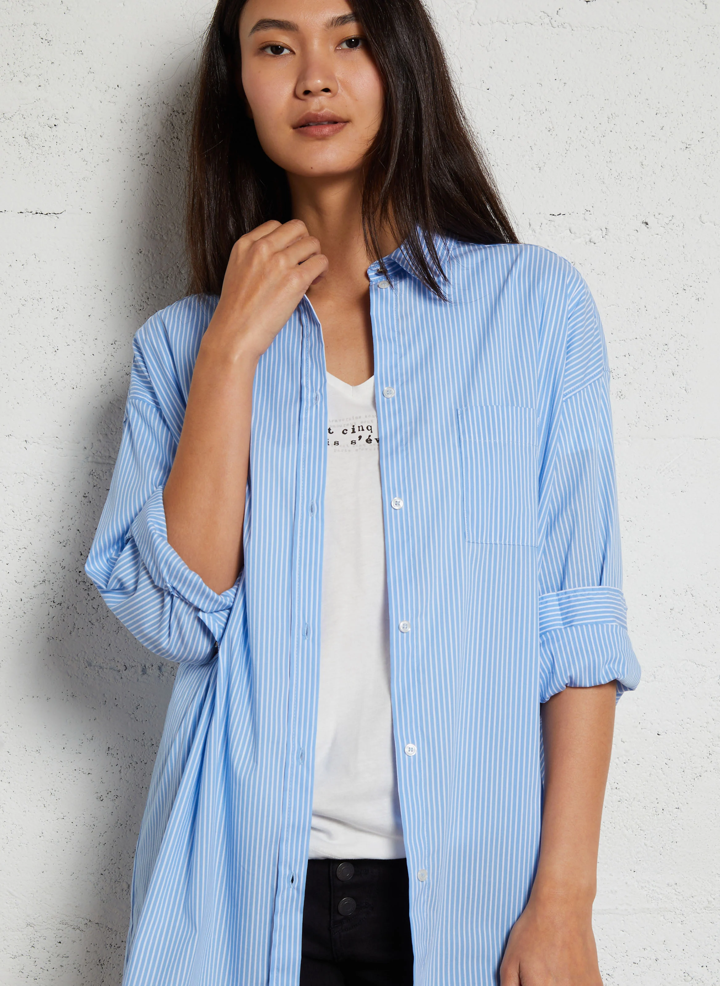 Chemise oversize rayée en coton mélangé | Bleu