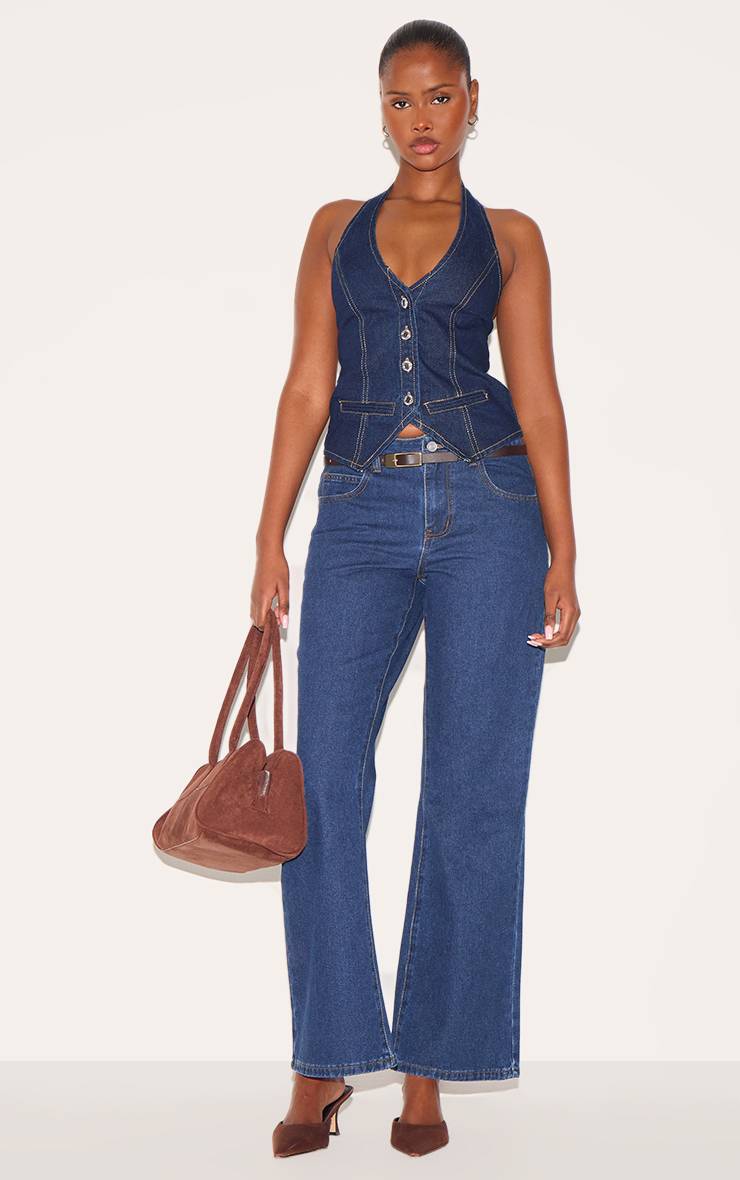 Bleu Indigo Gilet En Jean À Encolure Américaine