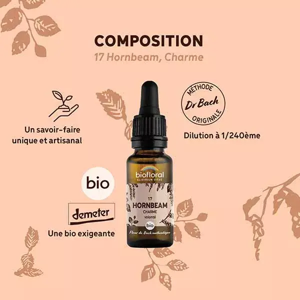 Florais de Bach Biofloral 17 Hornbeam Charm - Conta-gotas - Orgânico Demeter 20 ml