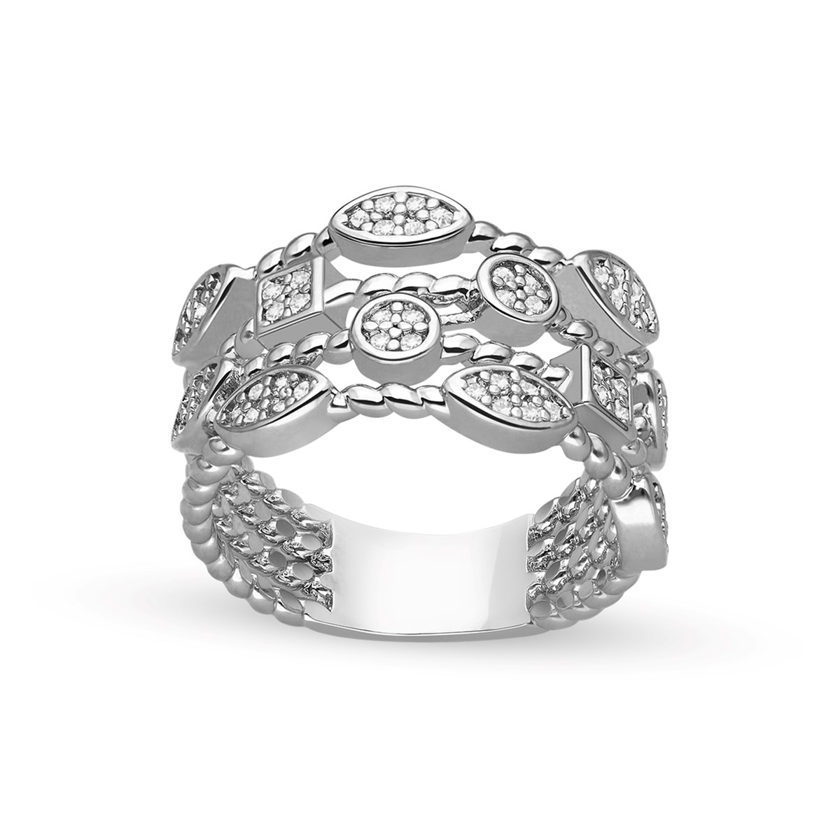 Bague Argentée Multi Anneau Motifs Géométriques