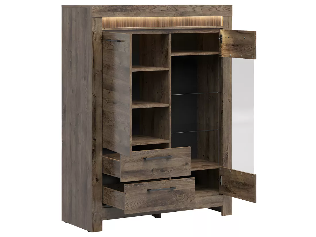 Vaisselier 2 portes 2 tiroirs LED inclus Amaury Bois