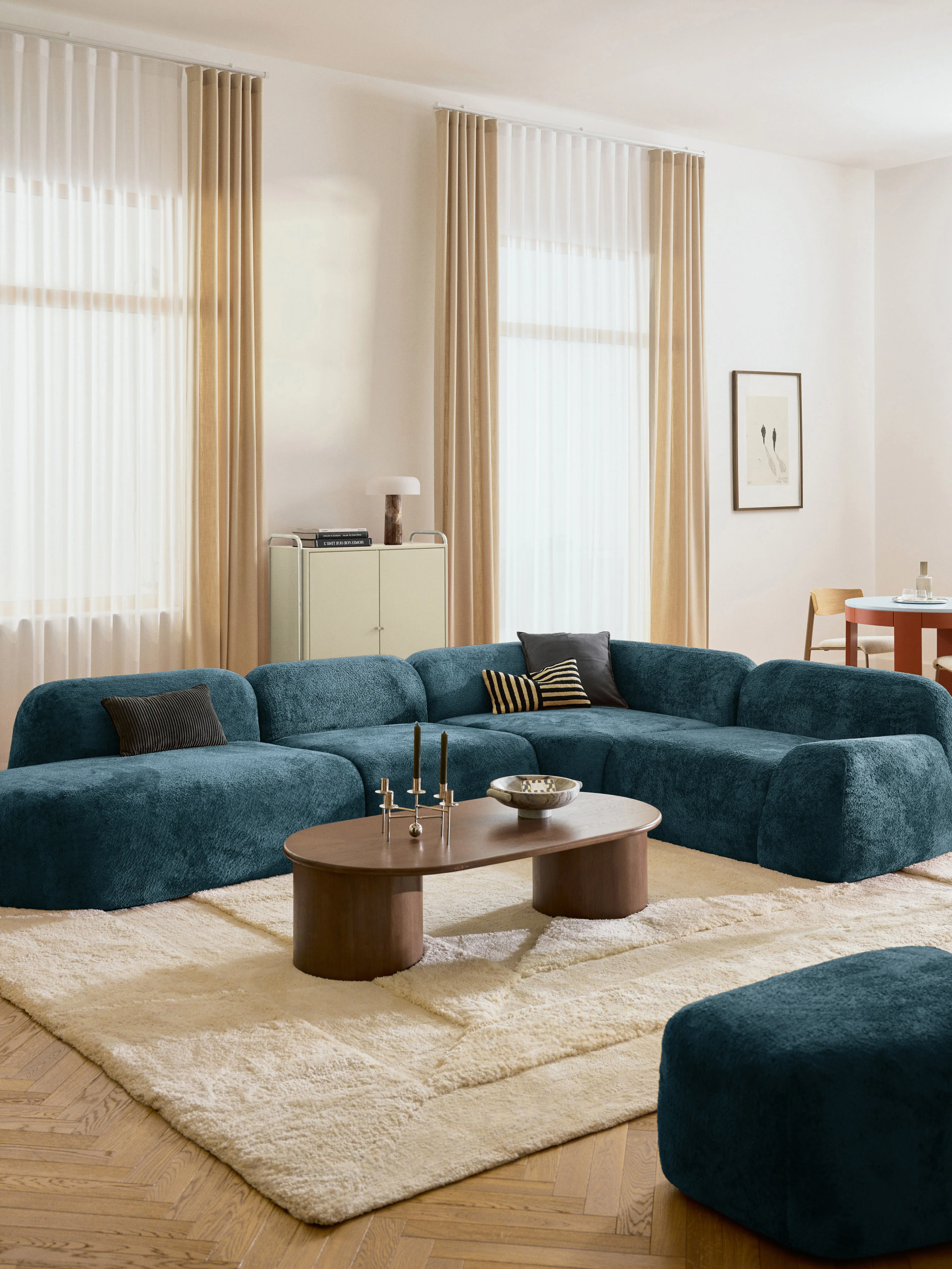 XL modulaire teddy bouclé hoekbank Wolke (4-zits) met chaise longue