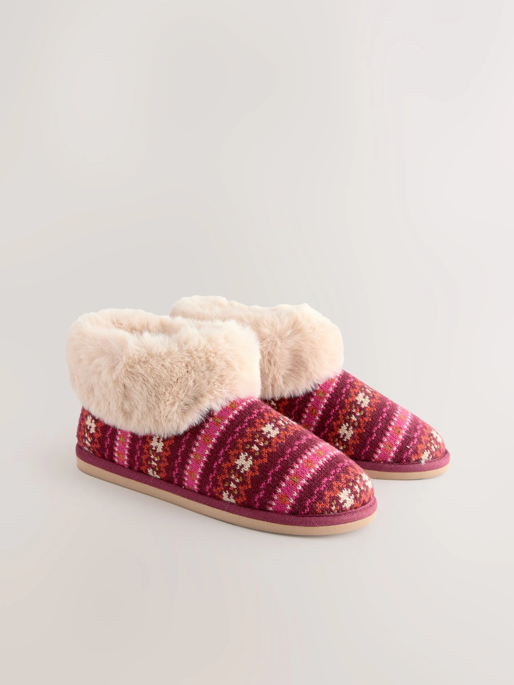 Bessenrood met fairisle - Pantoffellaarzen met imitatiebont