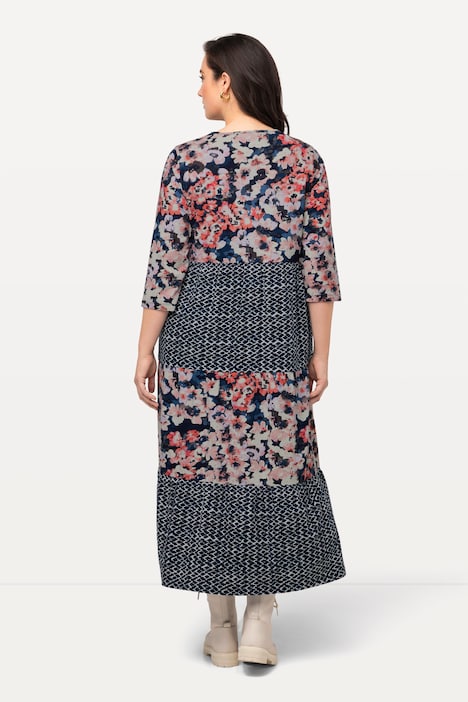 Midikleid, Musterstreifen, A-Linie, Rundhals, 3/4-Arm