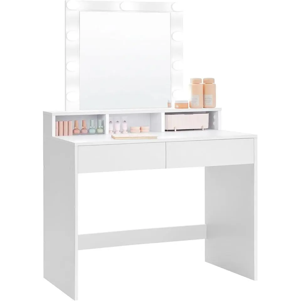 Bobbel Home - Witte Kaptafel - Rechthoekige spiegel - Gloeilampen