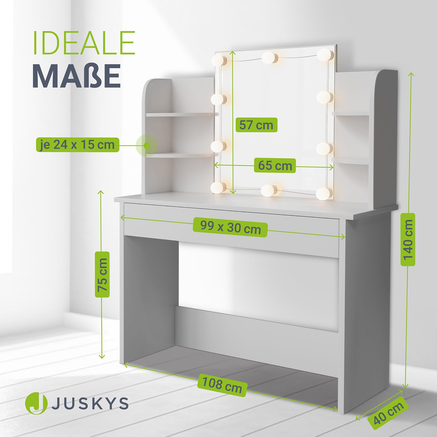 Juskys Schminktisch Bella 108 x 40 x 140 cm in Weiß mit Spiegel, LED, Schublade & 4 Ablagefächern