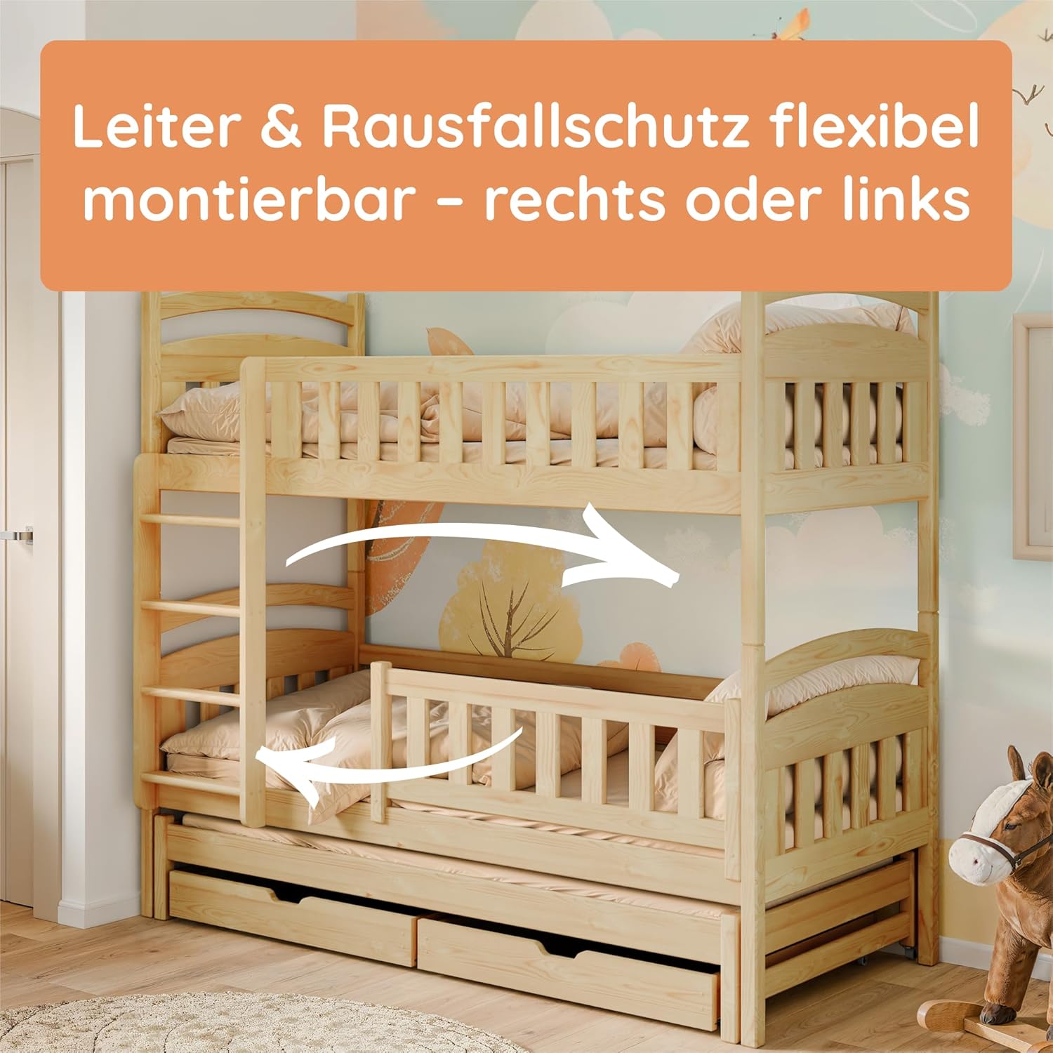 Kids Collective Hochbett 90x200 Etagenbett Kinderbett Jugendbett Stockbett 3 Kinder, Zwei Schubladen & Rausfallschutz umbaubar in 3 Einzelbetten | 4. bis 16. Lebensjahr | inkl. Lattenrosten | Natur