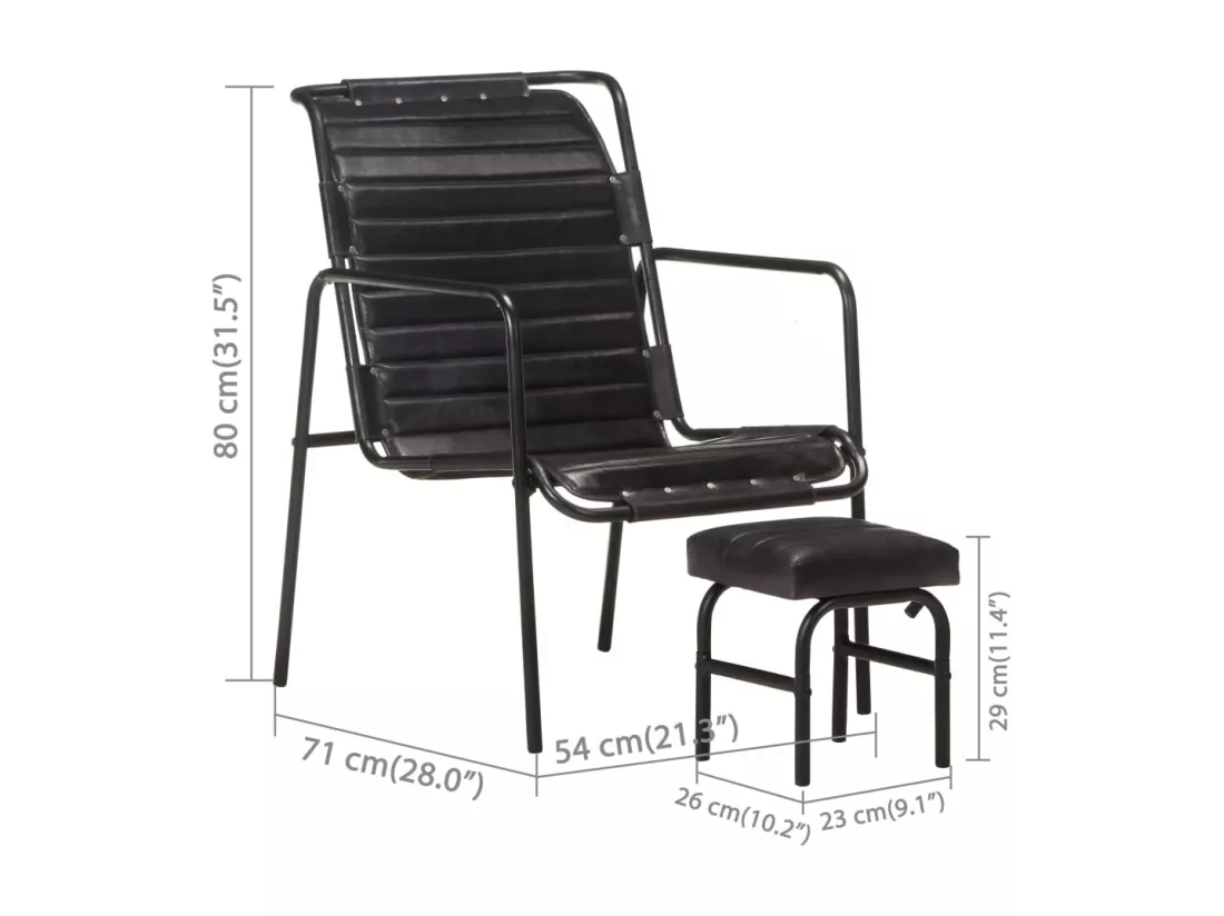 Fauteuil de relaxation avec repose-pied Noir Cuir véritable