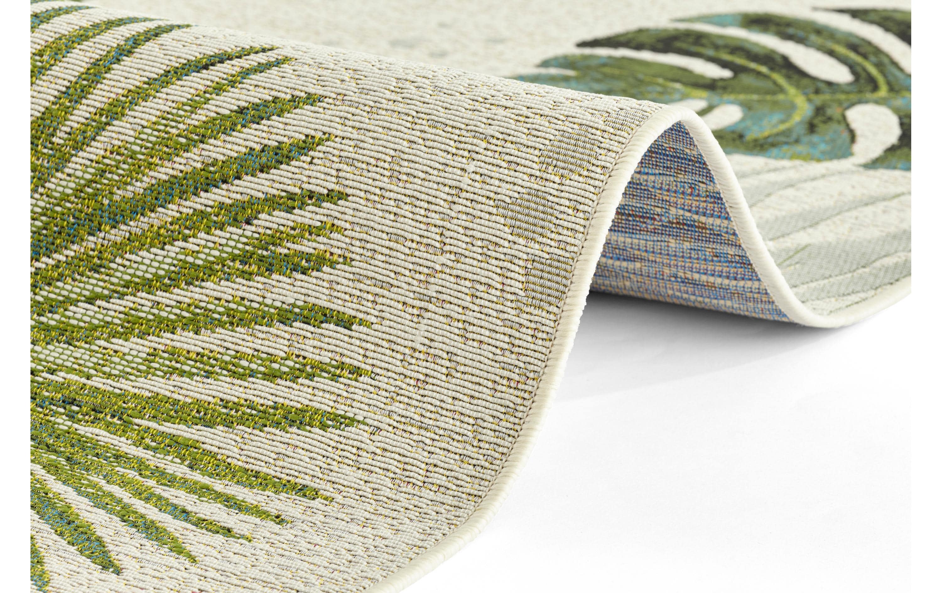 Teppich Tropical Dream 120 cm x 180 cm, Crème/MehrfarbigIn- & Outdoor Teppich, Flachegwebeteppich im Tropischen Design, Wetterfest & Wasserfester Aussenteppich mit Tukan Motiv für Terrasse, Balkon, Garten Wohnzimmer