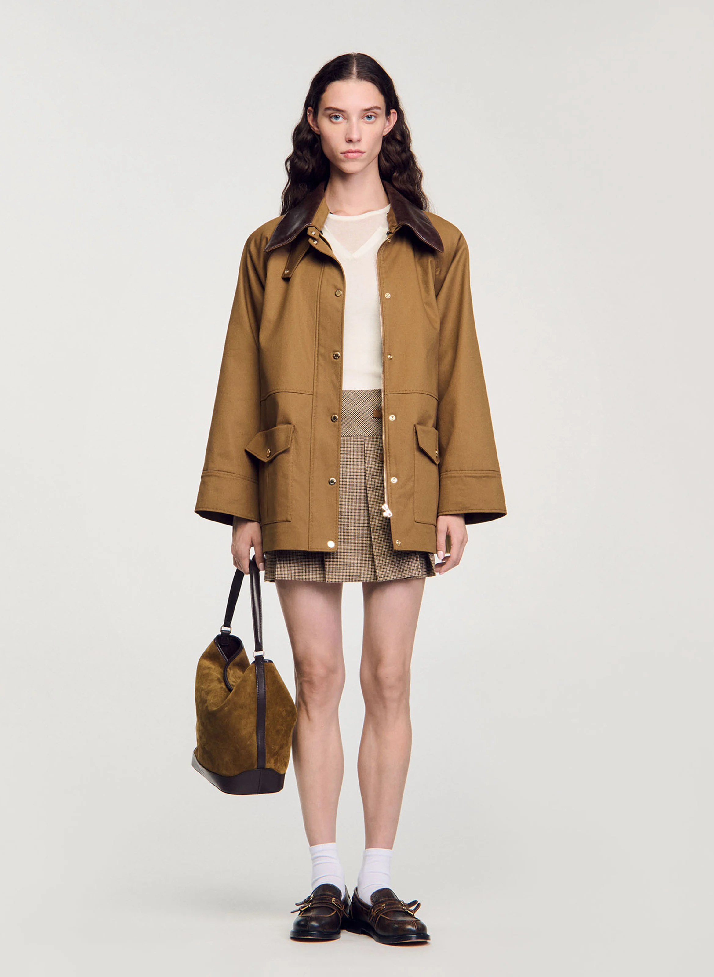 Manteau col classique en coton mélangé| Marron