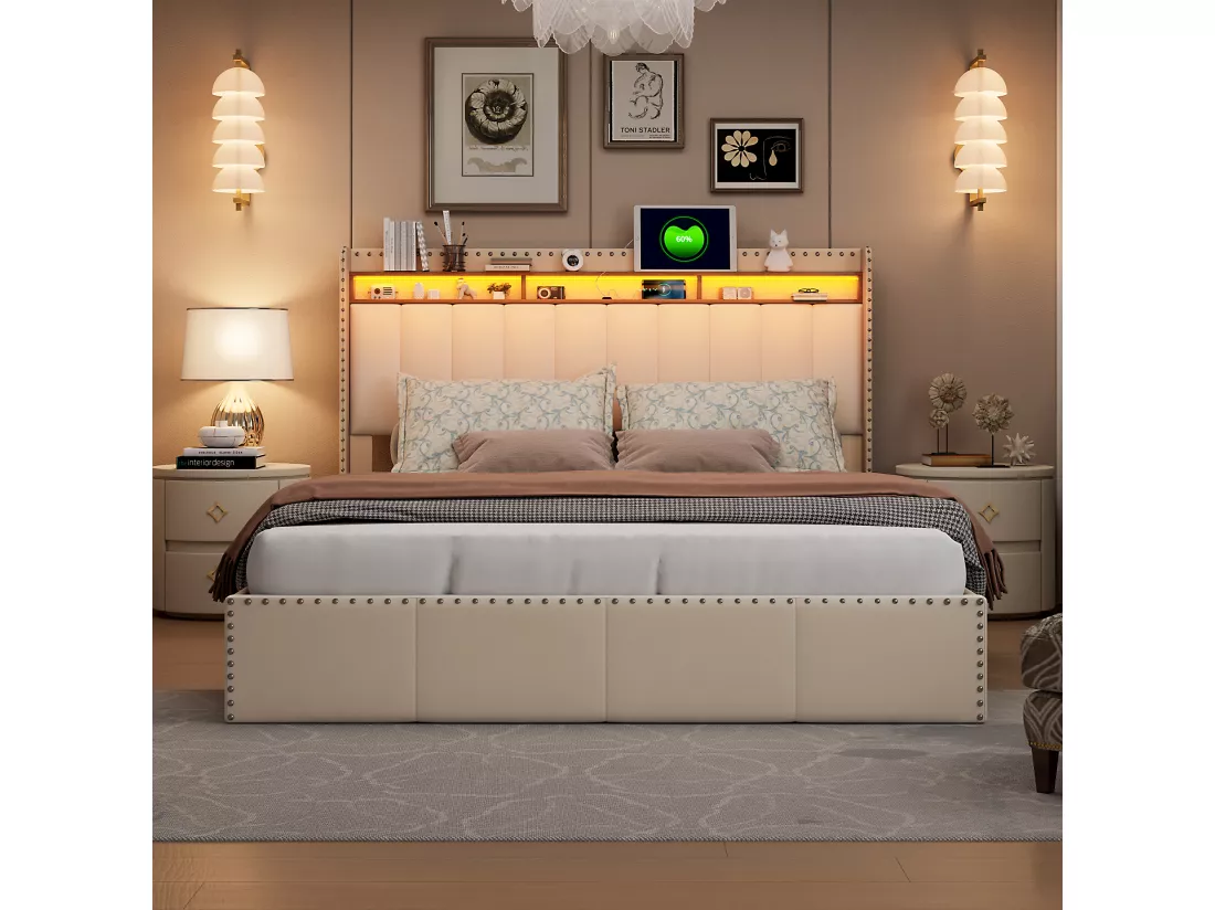 Lit Coffre 140×200cm, Lit Rembourré en Velours Beige, avec Port USB, Port de Type-C et LED, Coffre de Lit Rangement, Sommier