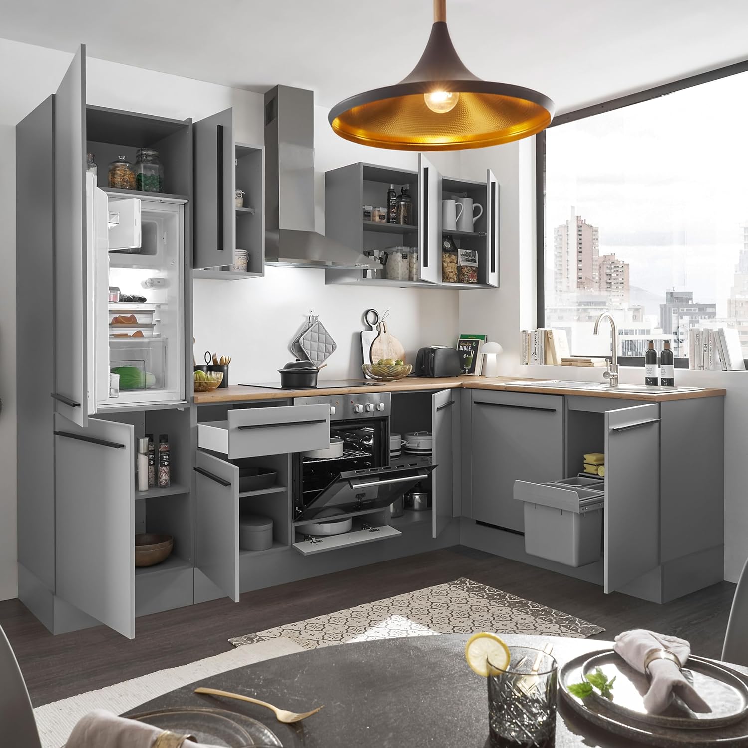Denver Moderne Eckküche ohne Elektrogeräte in Grau, Lancelot Eiche Optik - Geräumige Küchenzeile in L-Form mit viel Stauraum - 280 x 211 x 60 cm (B/H/T)