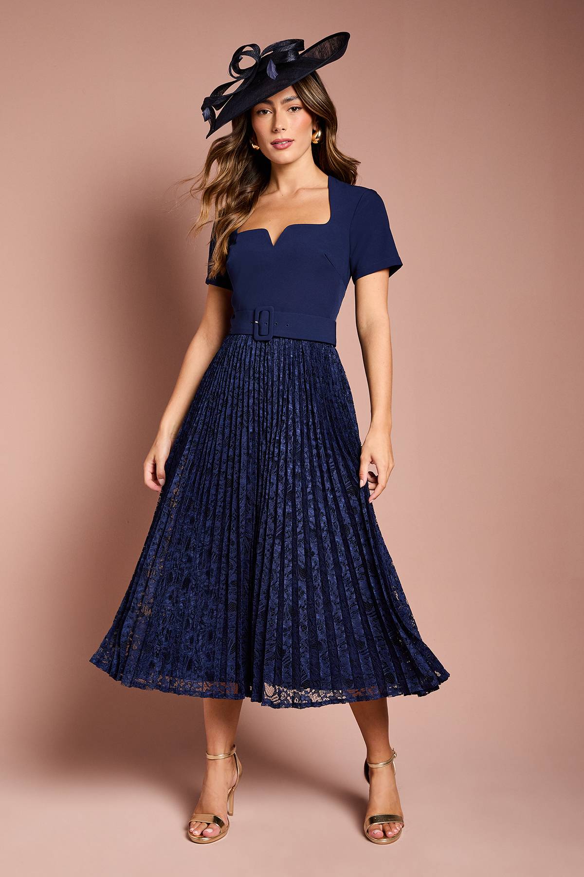 Coast Robe Midi en Crêpe à Manches Courtes avec Jupe Plissée en Dentelle