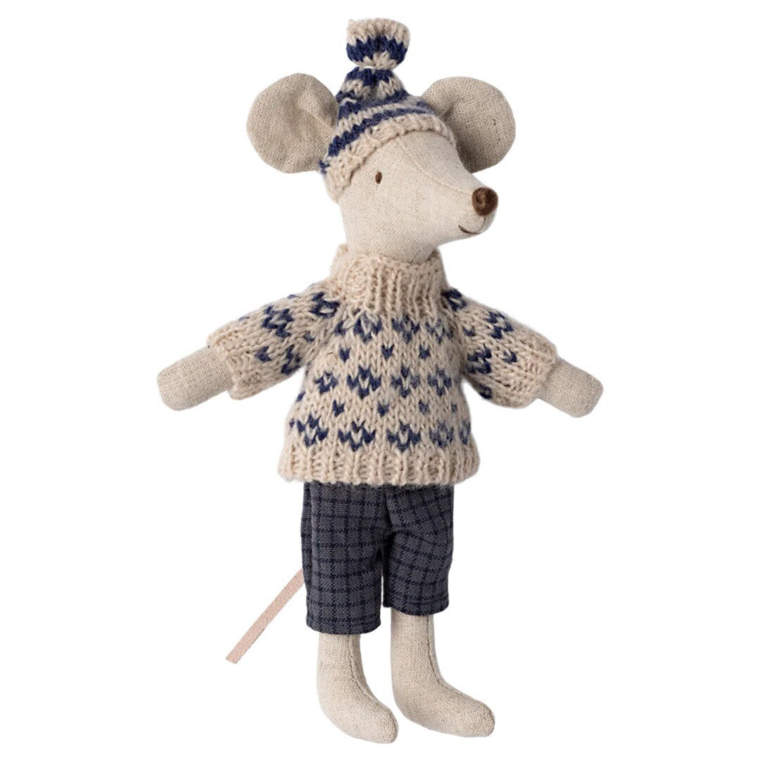 Maileg knuffelmuis vader op ski's - blauw
