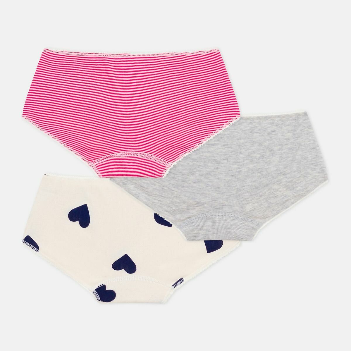 PETIT BATEAU<br>Conjunto de 3 calcinhas de algodão com estampa de corações e listras