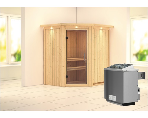 Karibu Maurin modulaire sauna inclusief 9 kW kachel en geïntegreerd besturingssysteem met dakkroon en volledig glazen deur van helder glas