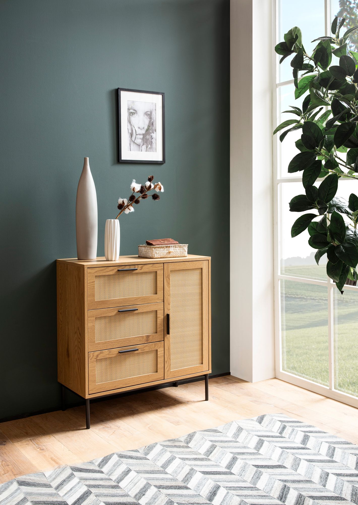 Kommode FineBuy Sideboard 80x82x36 cm Eiche Rattan Schubladenkommode Modern