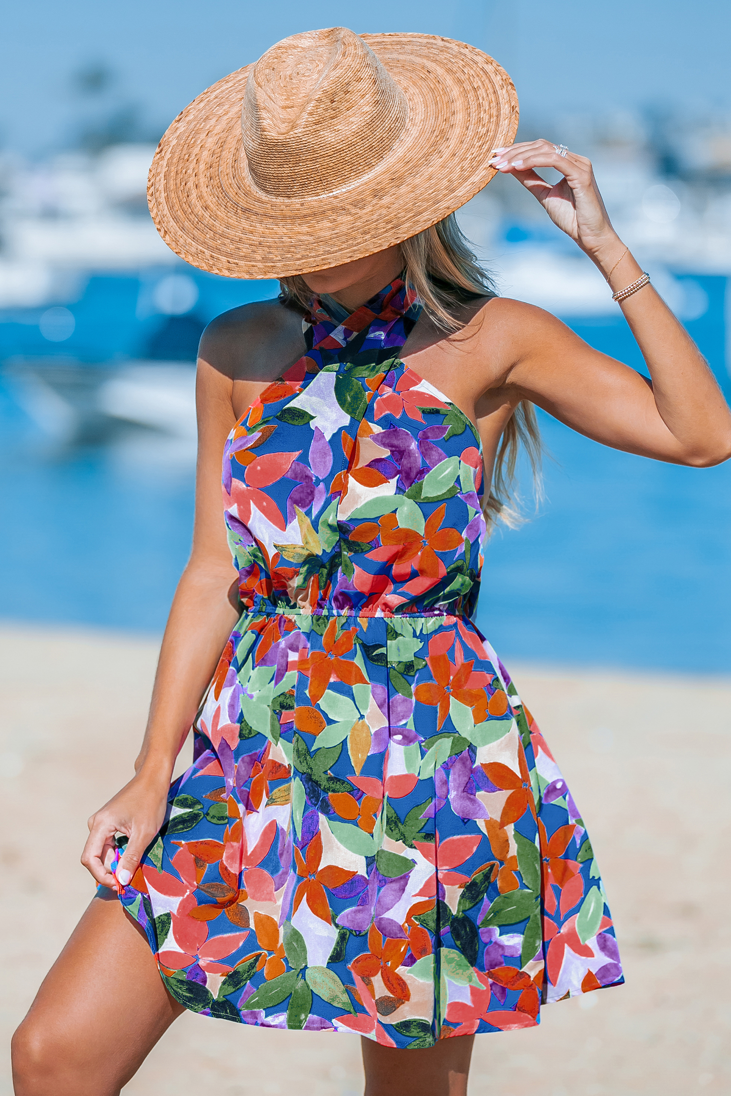 Robe mini à col licou tropicale