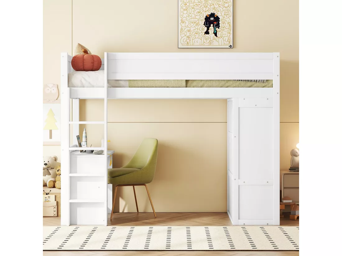 Lit mezzanine 90 x 200 cm avec bureau + 2 tiroirs - Armoir avec porte coulissante - Bois MDF - Blanc