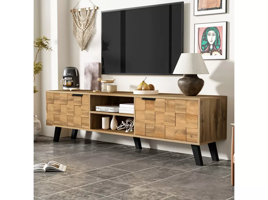 Meuble TV moderne effet bois avec 2 portes et 2 compartiments ouverts 160x35x45cm Dhaasti