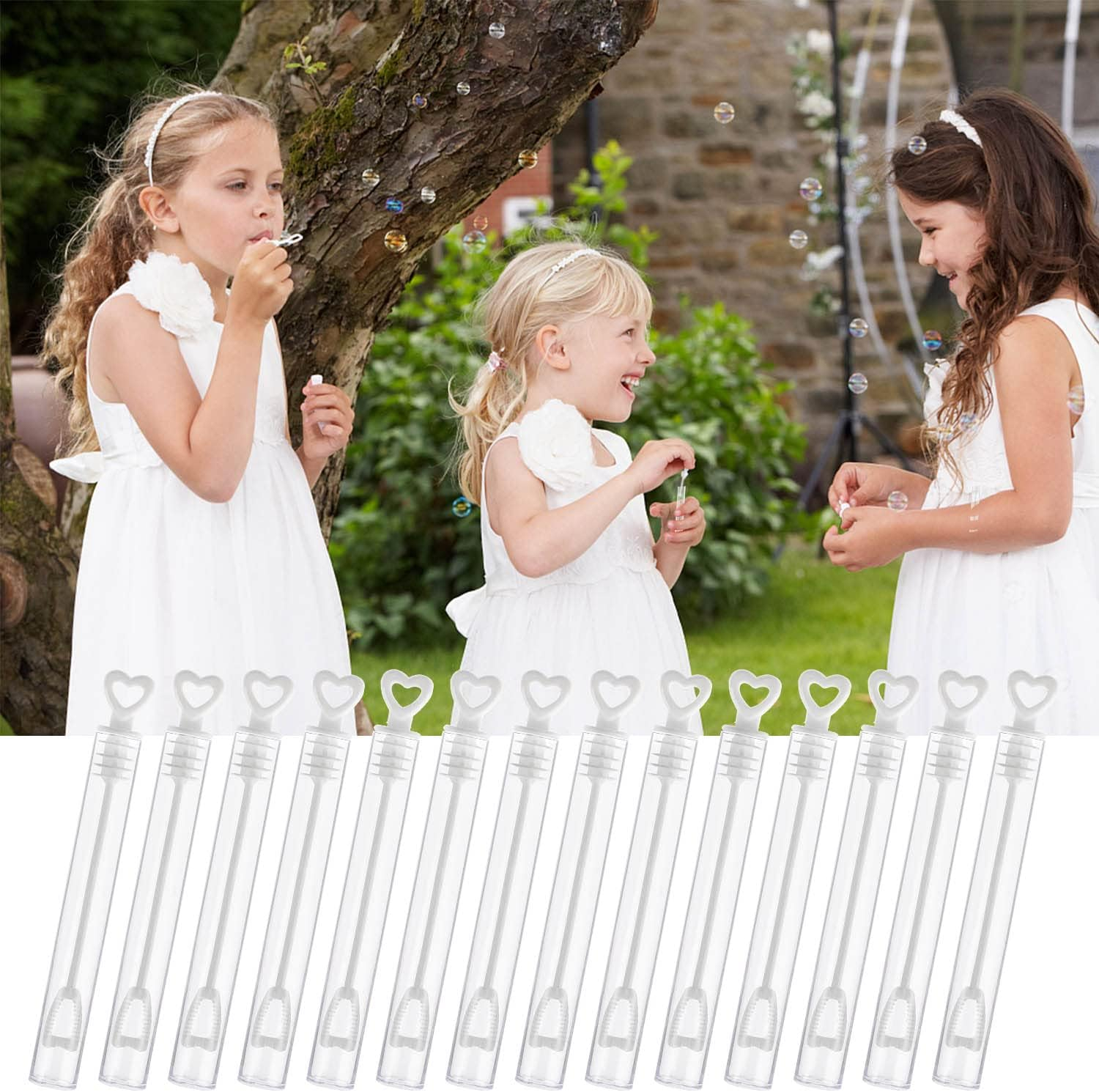 (48er Set) Herzförmige Seifenblasen Tube Party Deko Hochzeits Gastgeschenk - Transparent / Weiss