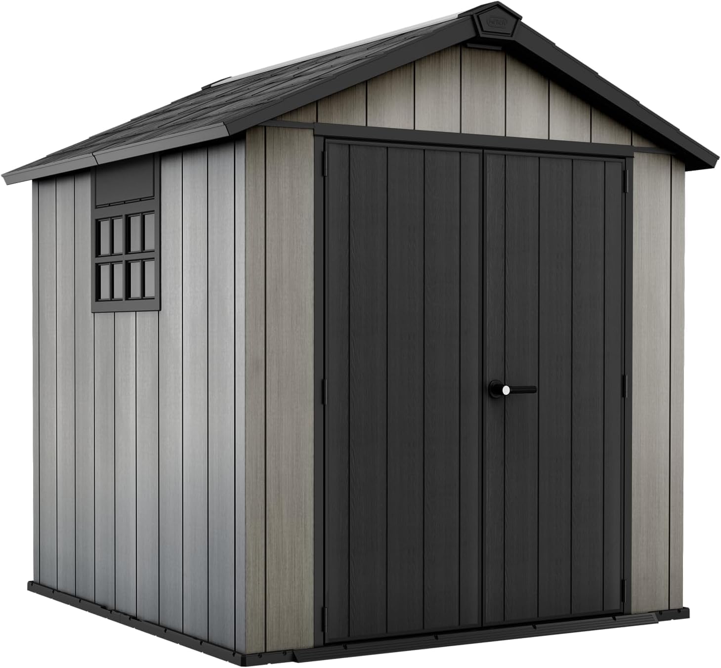 Keter Gerätehaus Oakland 757, Grau, 8,4m³, Außenmaße B/T/H: 230 x 223,8 x 242 cm, Duotech Struktur, wetterfest, Doppeltür, Oberlicht und Fenster, strapazierfähiger Schwerlastboden