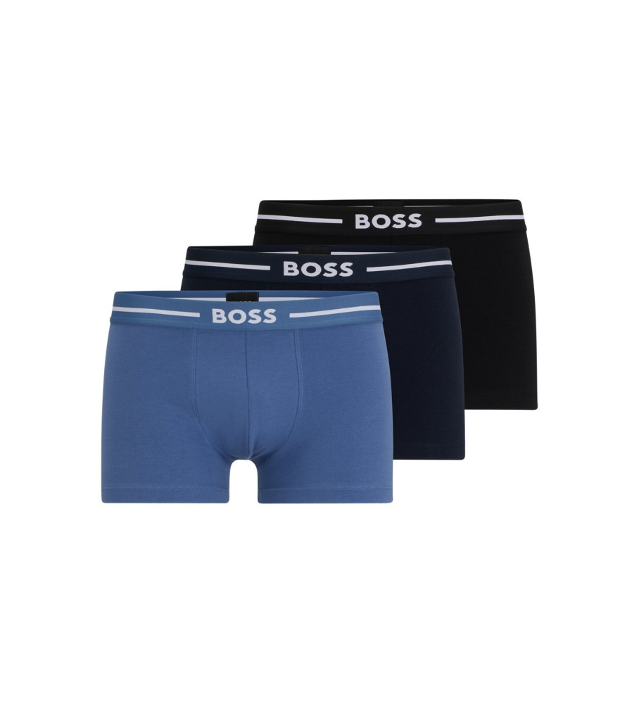 Pacote com 3 cuecas boxer BOSS, nas cores azul marinho e azul-marinho.