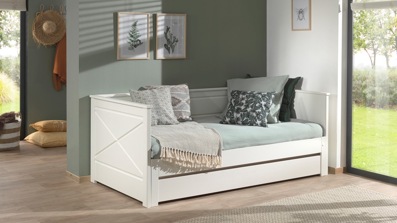 Kajuitbed paneel uitschuifbaar Pino met lade wit