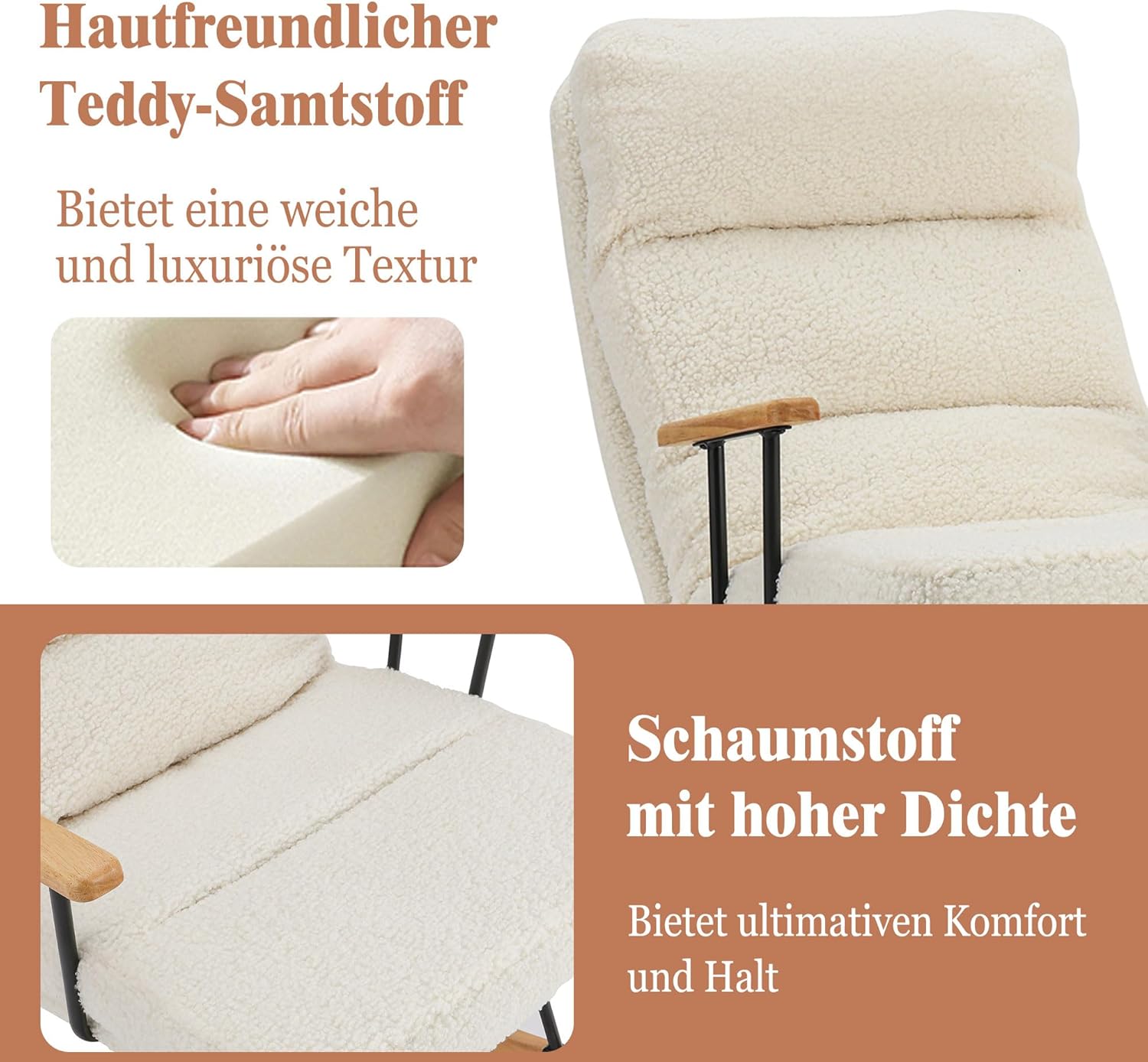 Home Nature Schaukelstuhl aus Holz, bis 150kg belastbar, Moderner Sessel mit Hoher Rückenlehne, Armlehnen & rutschfesten Füßen, für Wohnzimmer, Outdoor (Beige mit Fußstütze)