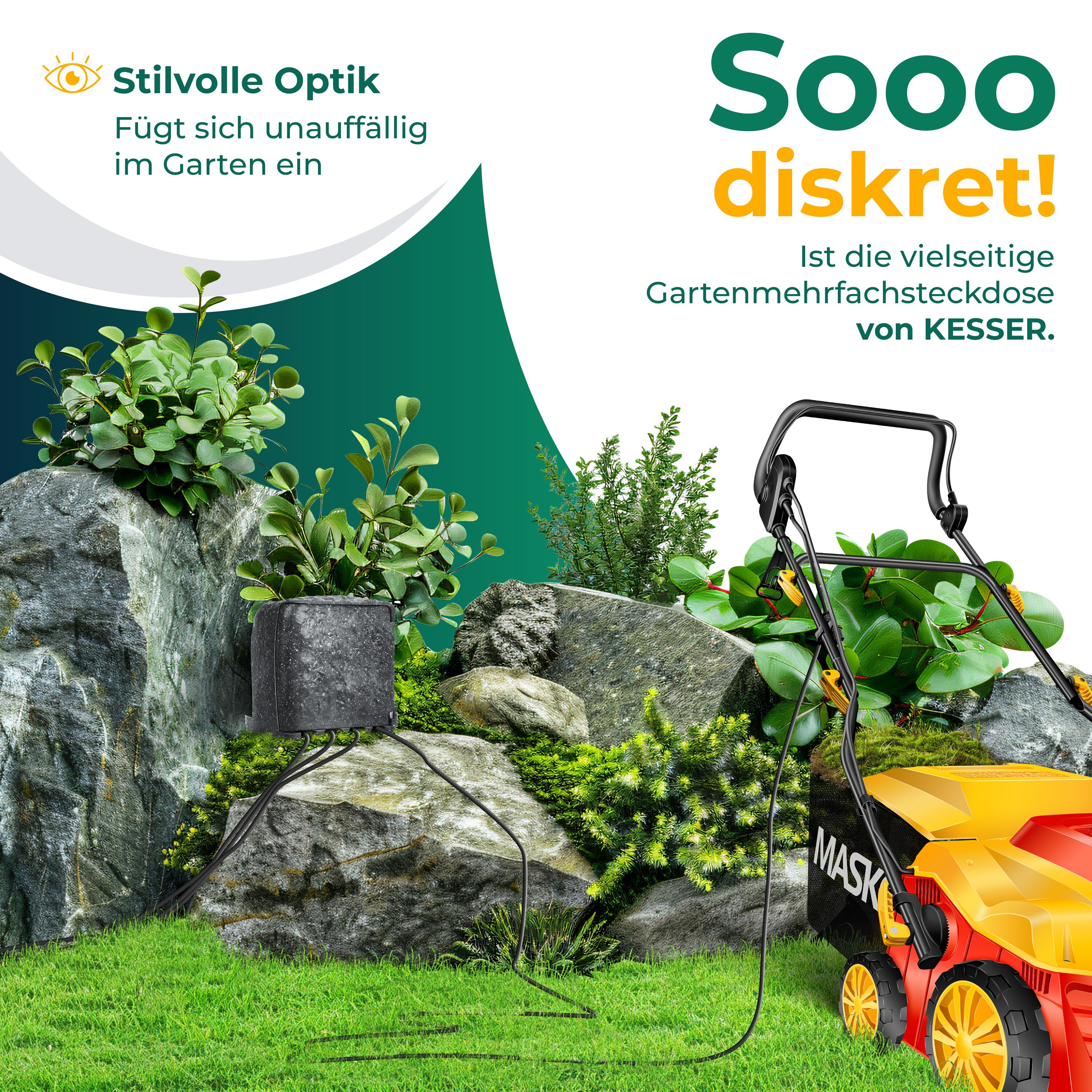 KESSER® Gartensteckdose Steinoptik mit 4 Steckplätzen Inkl.Erdspieß, Mehrfachsteckdosen aussen mit 3m Verlängerungskabel Außensteckdose IP44 Wasserdicht Steinsteckdose mit ON/Auto Dämmerungssensor