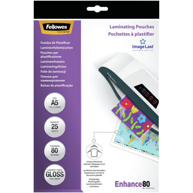 Pochettes de plastification Fellowes A5 80 µ brillantes - Boîte de 25
