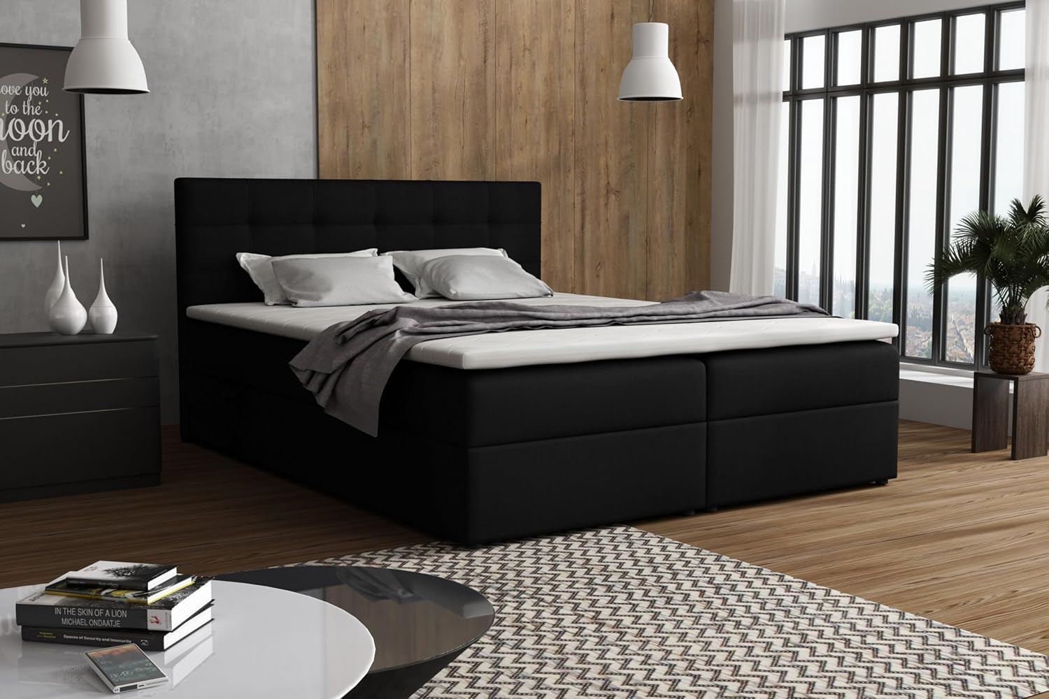 Jessa Boxspringbett mit Bettkästen H2/H3 Matratze und Topper (Schwarz, 180 x 200 cm)