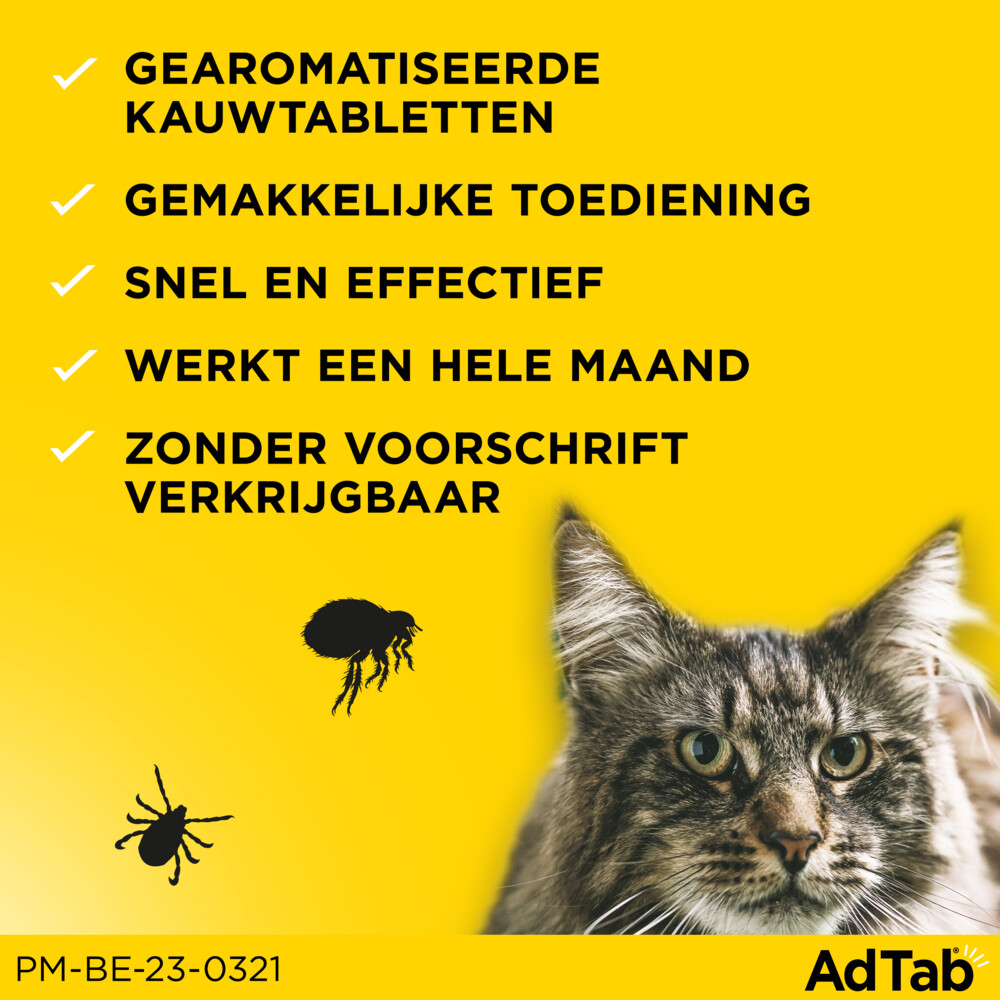 AdTab Anti Vlo en Teek Kauwtabletten Kat >2,0-8,0 kg3 tabletten