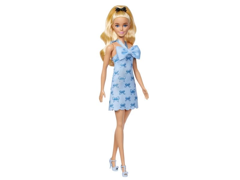 Barbie Puppe Fashionista Blue Bows Fashionistas-Puppe in blauem Neckholderkleid mit Schleife, blondem Haar und einer Haarschleife