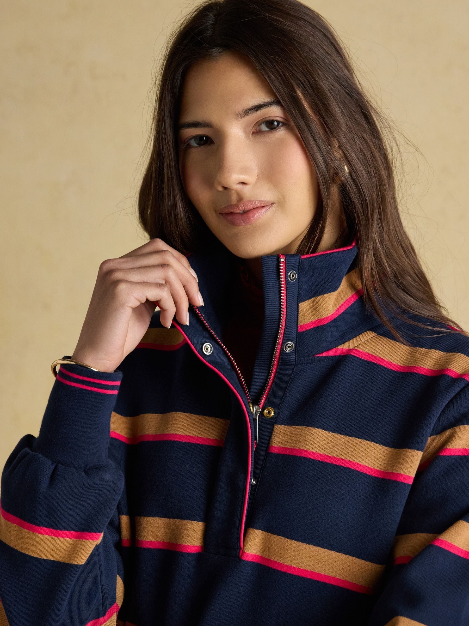Marineblauw/lichtbruine streep - Joules Burnham Premium Brushed Cotton Funnel Neck Quarter Zip Sweatshirt