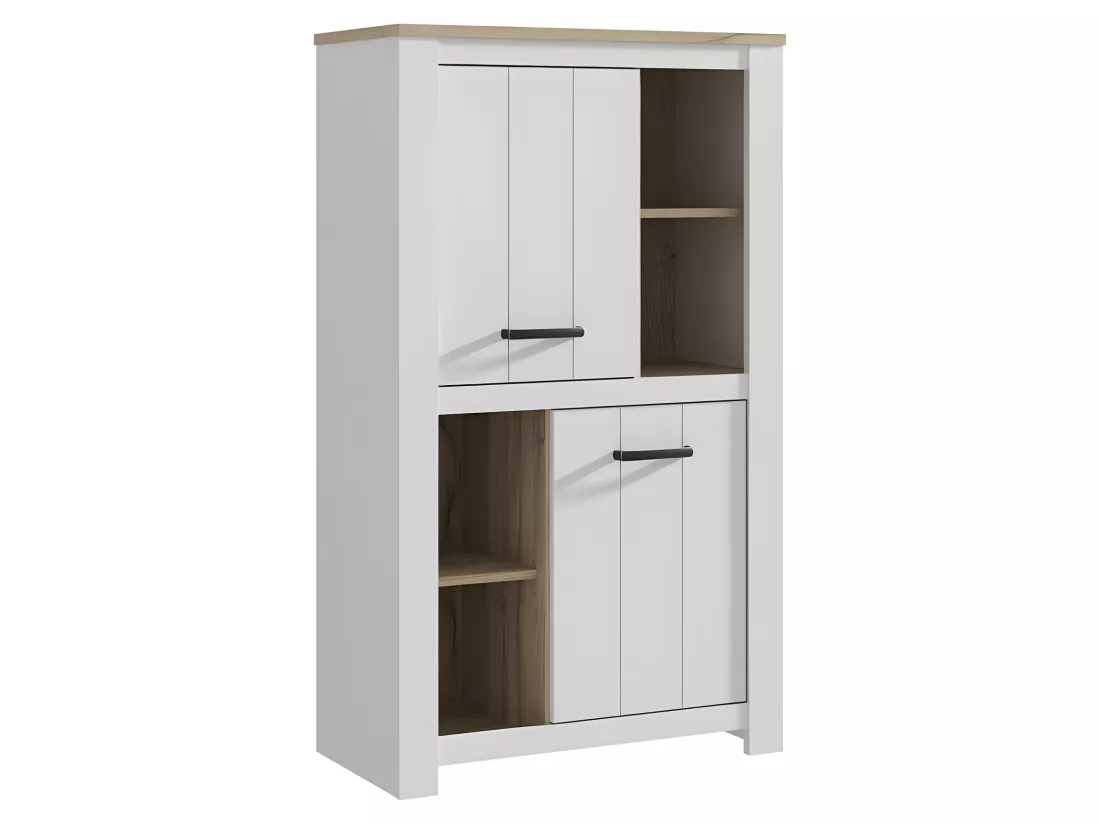 Vaisselier 2 portes 4 niches blanc mat décor bois poignées noir - LEANE