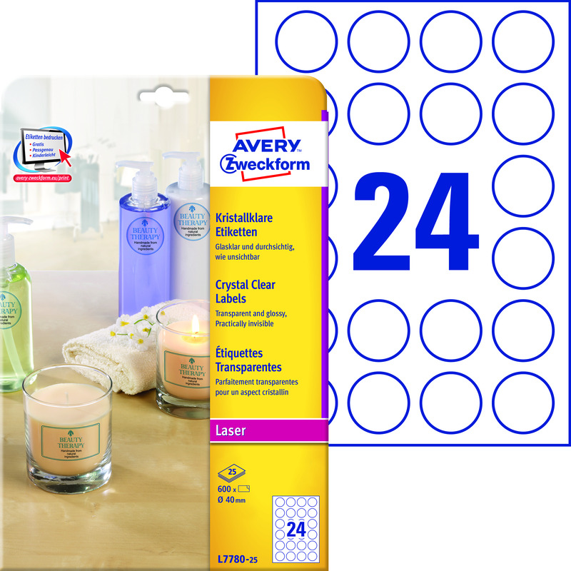 Avery Zweckform Etiketten kristallklar, L7780-25, 40 mm, 25 Blatt