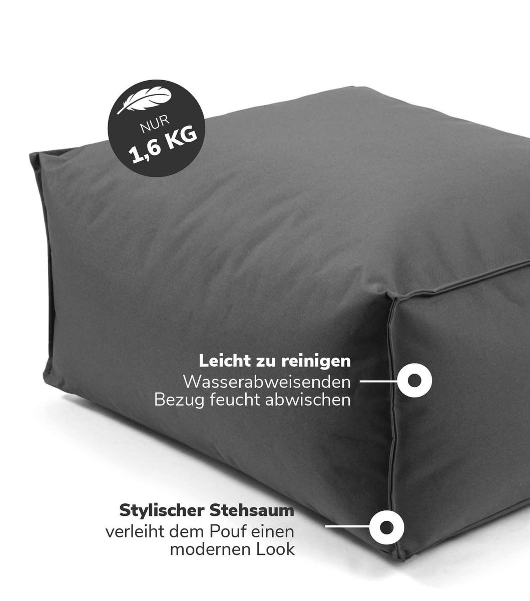 Buitenpoef of kruk 65x45cm in antraciet met zwarte beschermhoes 'The Calm One' Zitkruk, voetenbank, vierkant zitkussen met EPS-korrelvulling en hoes, waterafstotend alleen met beschermhoes