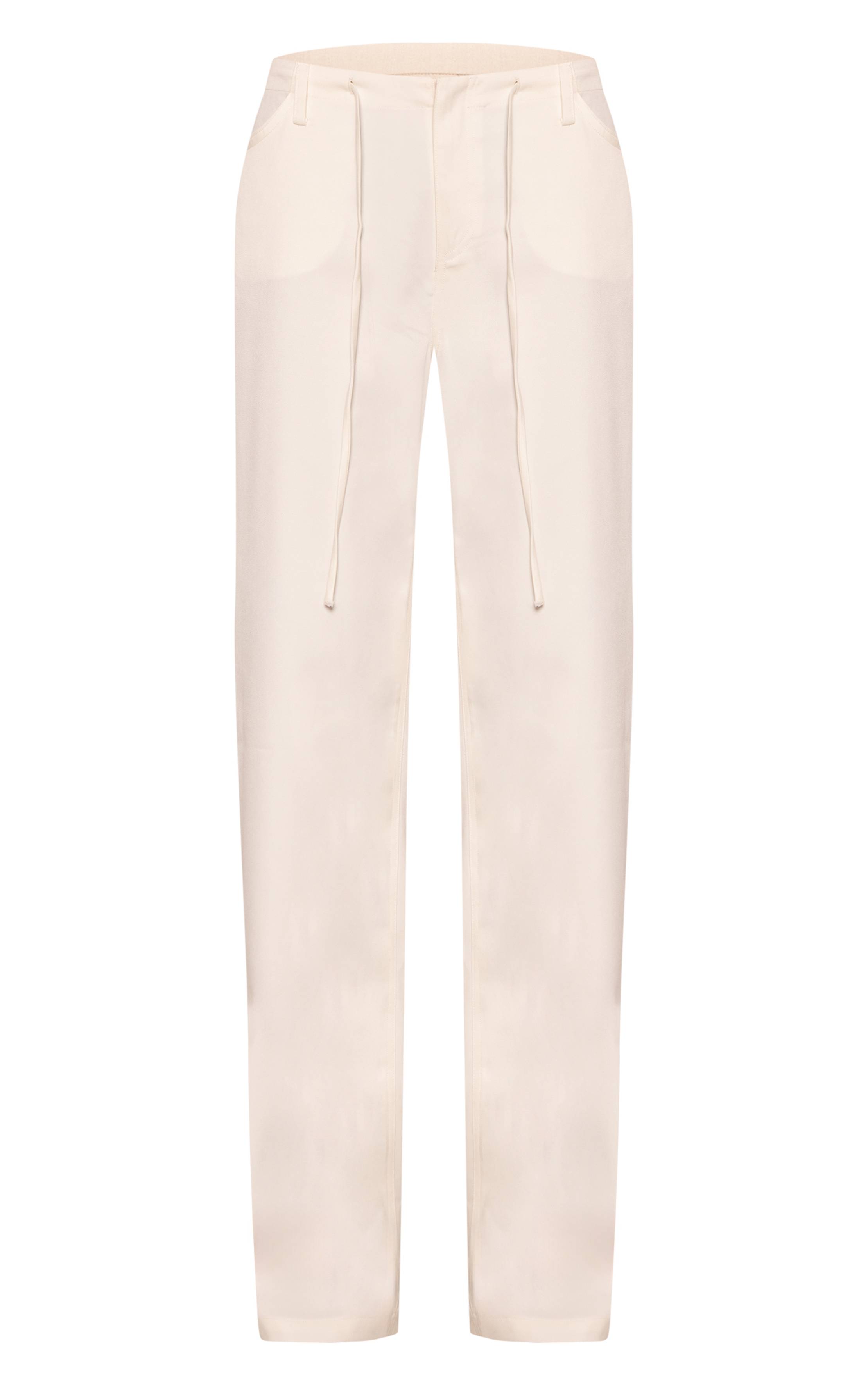 Crème Pantalon Large Taille Haute Avec Ceinture À Nouer En Tissu Tissé