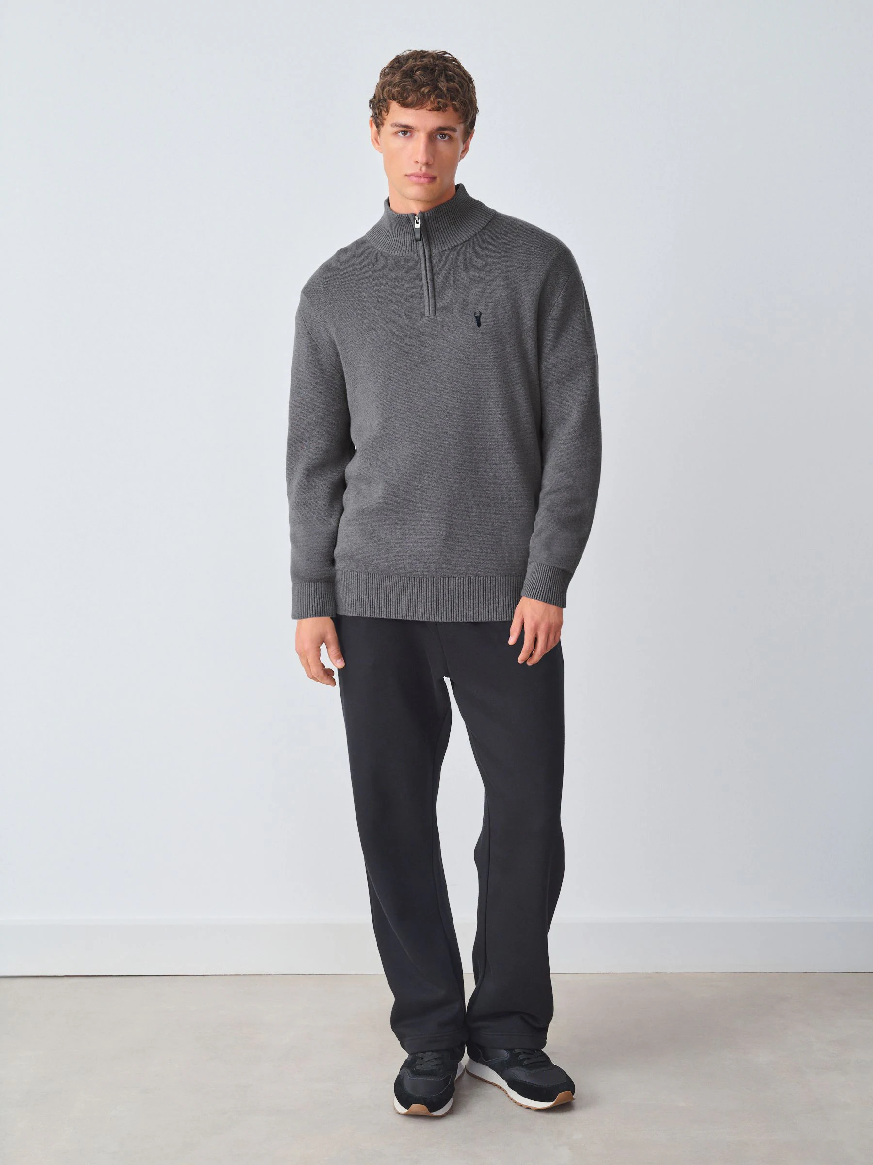 Antraciet - Hertlogo - Regular fit 100% katoenen premium trui met korte rits