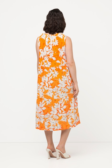 Midikleid, Blüten, Rundhals, Rüsche, Volants, ärmellos