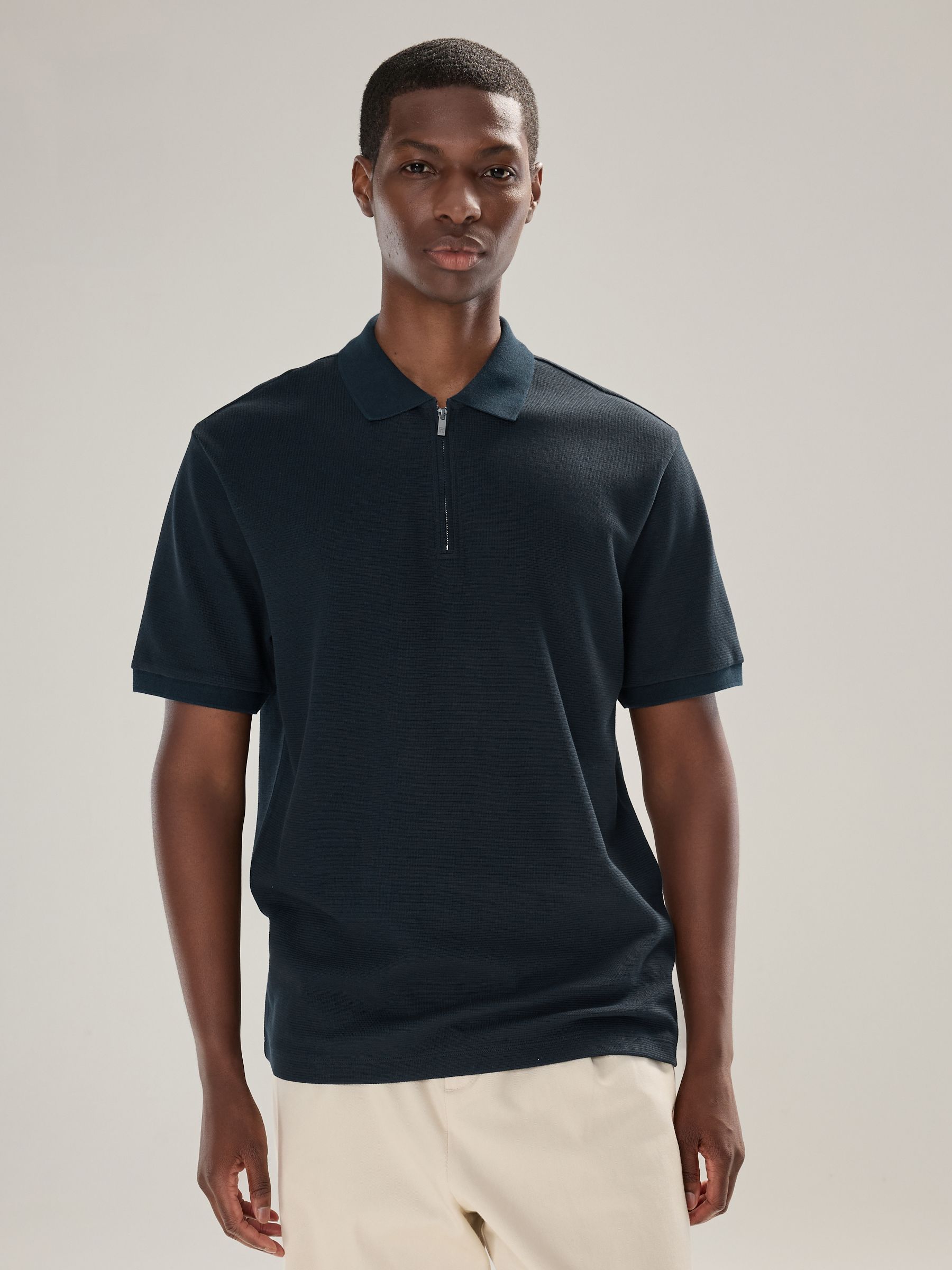 Donkerblauw - Smart poloshirt met textuur en rits