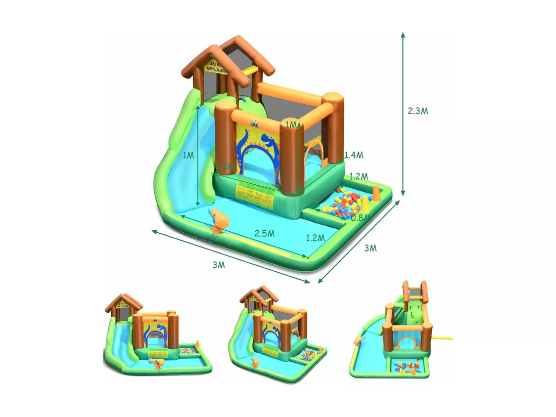 Aire de Jeux Gonflable Enfant avec Souffleur 610W Pataugeoire Mur d'Escalade Canon à Eau Trampoline Intégré Balles Colorées