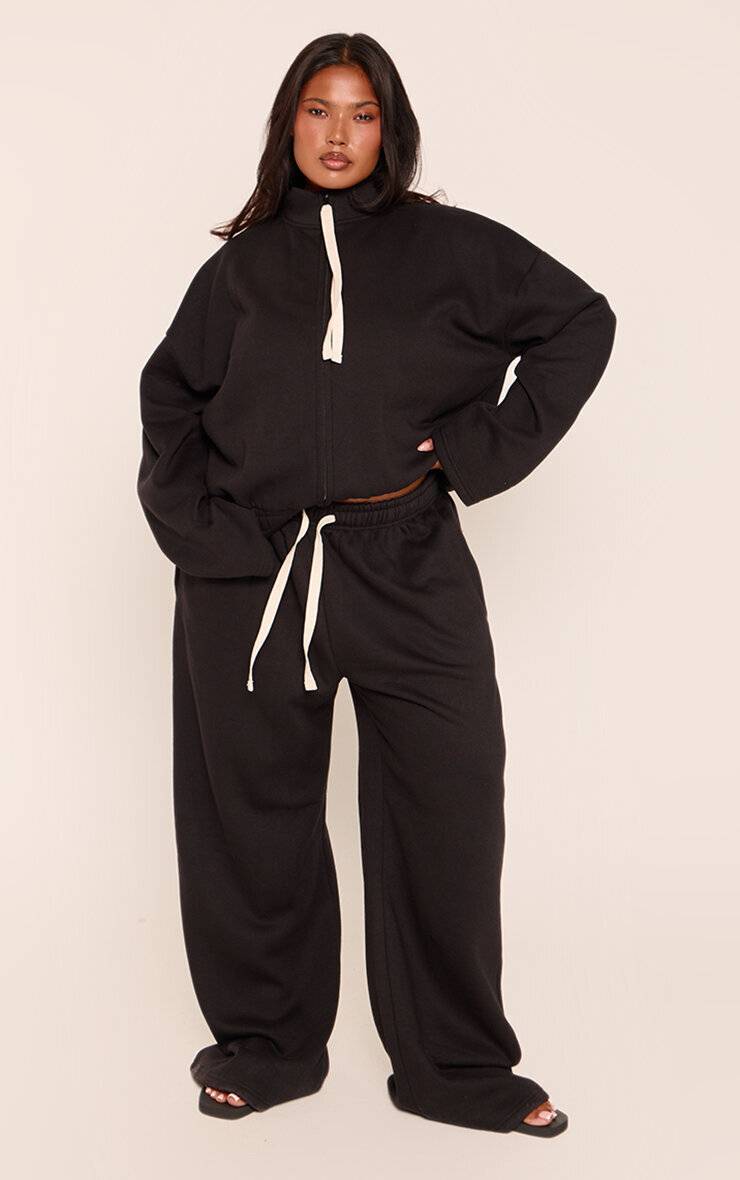 Noir Sweat-shirt Grande Taille Col Montant Avec Cordon De Serrage Contrasté